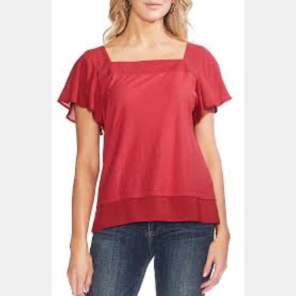 Vince Camuto Layered Flutter Sleeve Top in Red XXS